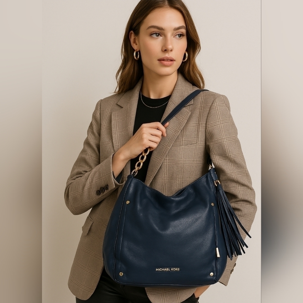 MICHAEL KORS BLUE LEATHER GOLD CHAIN DEVON LARGE SHOULDER TOTE BAG PURSE
